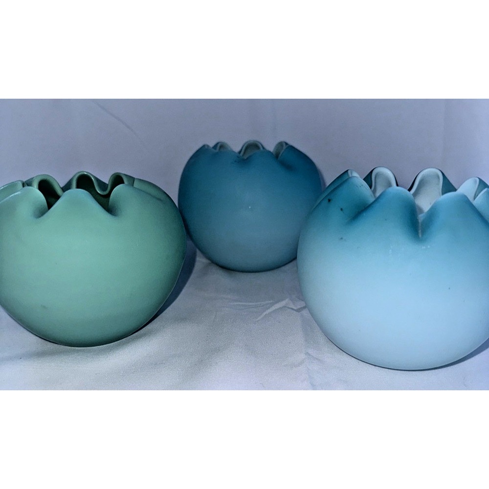 Vintage Blue Satin Rose Bowls Lot of 3 Matte Glass Ruffled Rim Vases